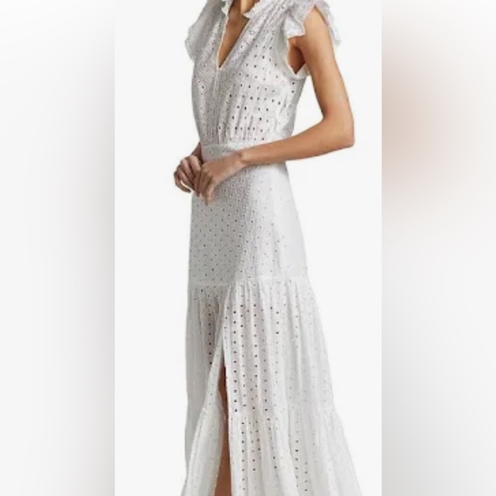 Veronica Beard White Eyelet Tiered Maxi Dress with Ruffle Shoulders